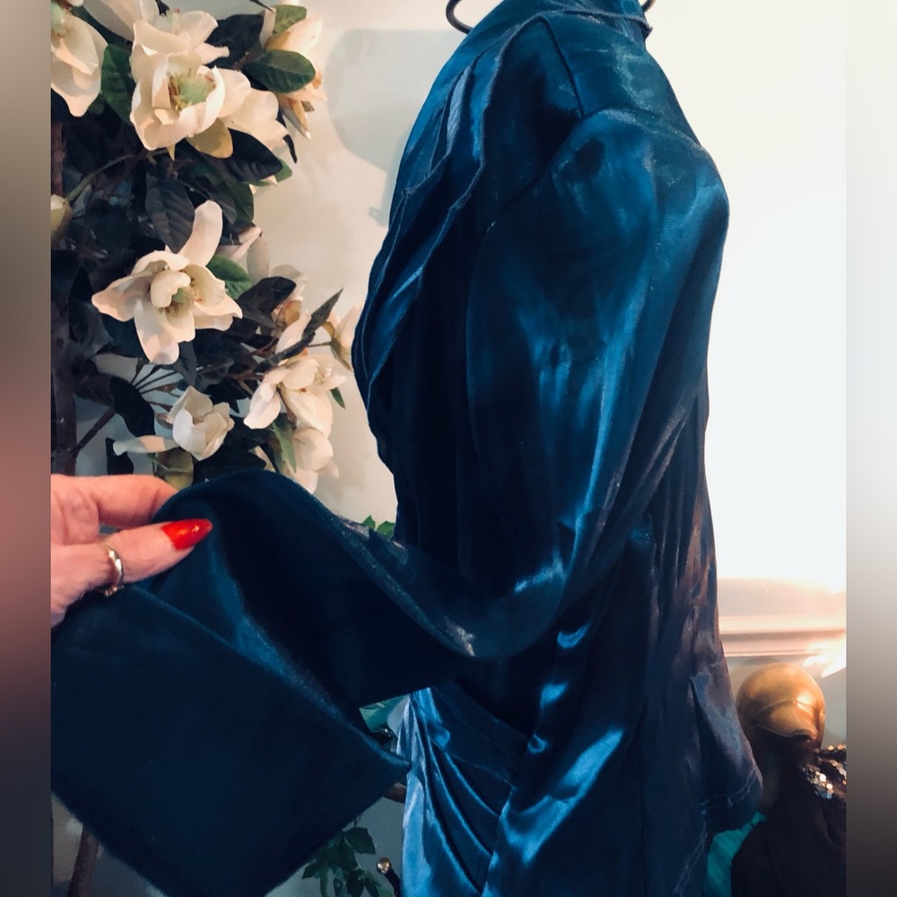 Cachet Women's Deep Blue Teal Satin Blouse - Picture 7 of 12